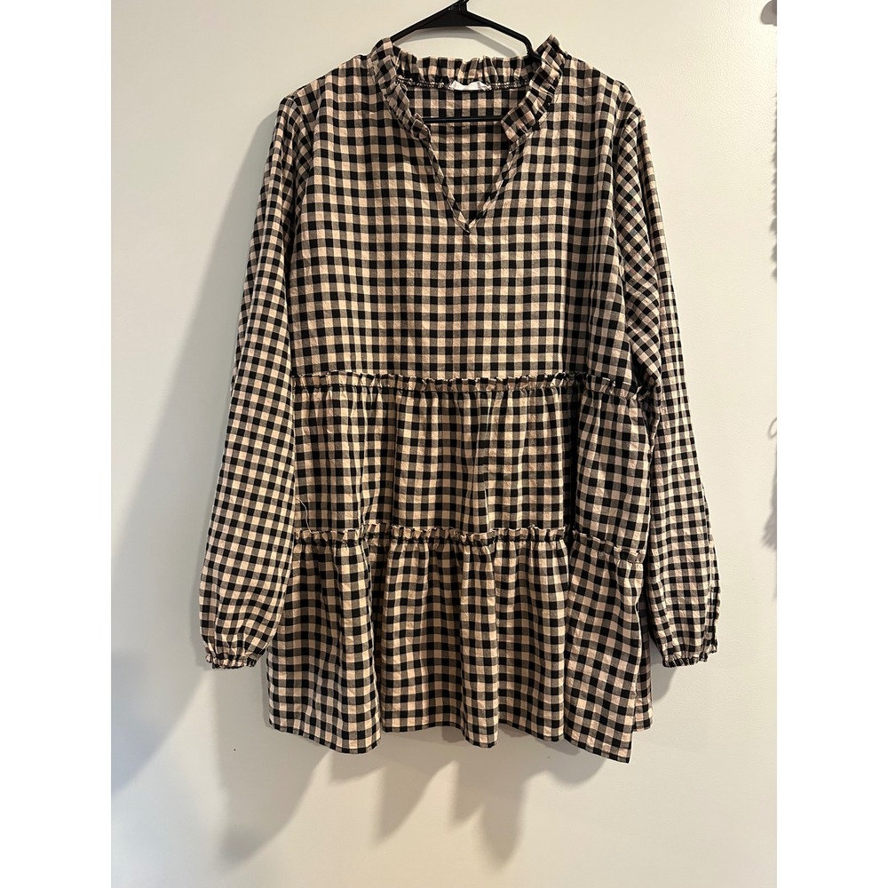 Chic Soul Gingham Tiered Babydoll Dress Tan Black 3X MO9196P